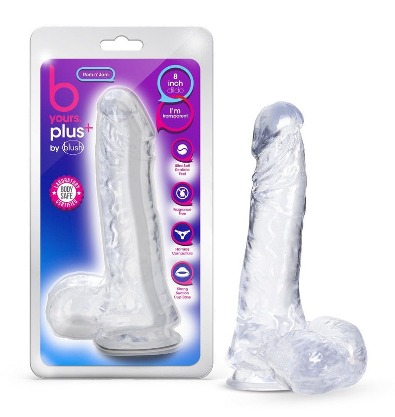 B Yours Plus Ram Jam Realistic Clear 8-Inch Long Dildo With Balls & Suction Cup Base