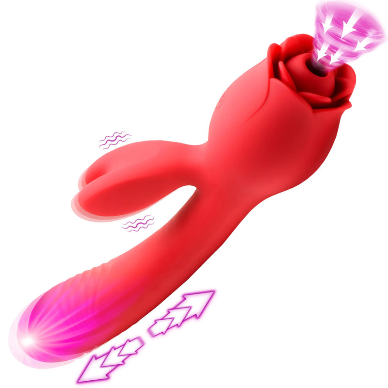 XR Brands Blooming Bunny Sucking and Thrusting Silicone Rabbit Vibrator - Red