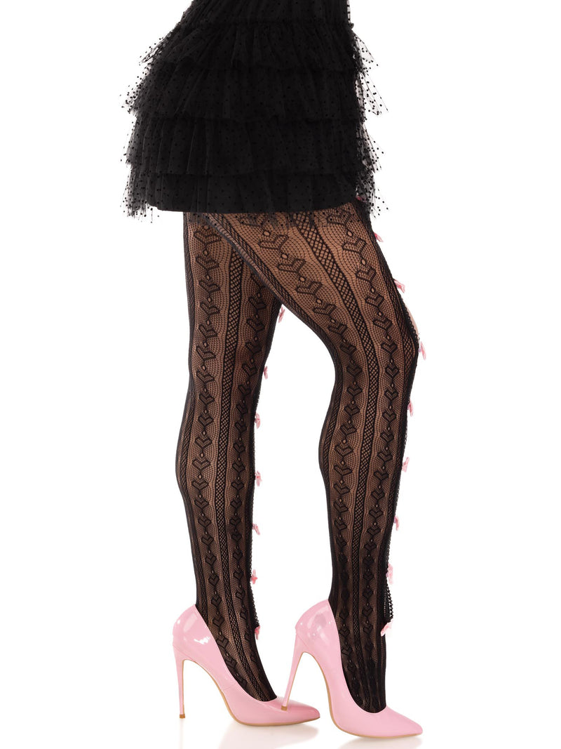 Leg Avenue Sweetheart Striped Net Tights With Keyhole and Mini Bow Detail - One Size - Black
