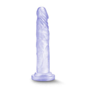 Clear realistic dildo with fine glitter inside with a slim tapered realistic head for easy insertion and subtle veins along the straight but flexible shaft. Suction cup base. Additional images show alternate angles.