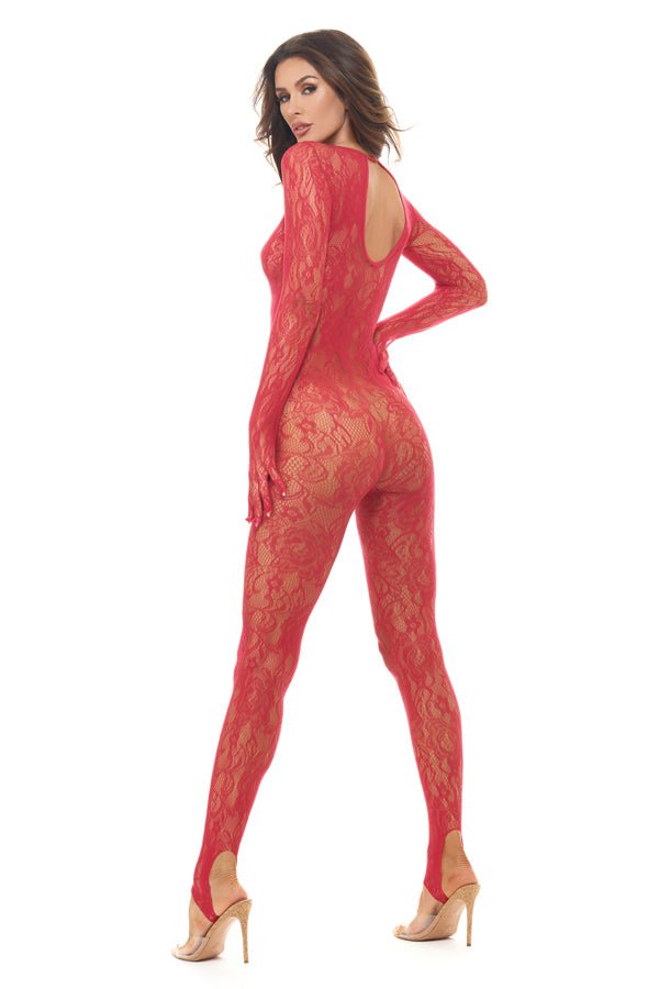 Rene Rofe Split Up Lace Bodystocking - Red - Os