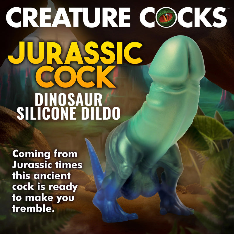 XR Brands Jurassic Cock Dinosaur Silicone Dildo - Green/blue
