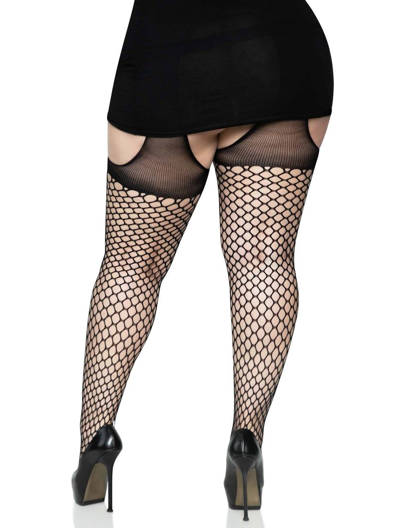 Leg Avenue Oval Net Suspender Hose With Opaque Top - 1x/2x Size - Black