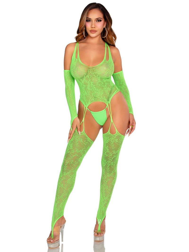 Leg Avenue 2 Pc Lace Halter Footless Cami Garter With Attached Toe Loop Stockings O/s - Neon Green