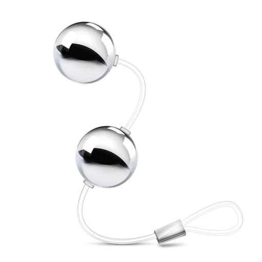 Two smooth, small, silver plastic Kegel balls connected by a clear cord with a loop at the bottom for easy retrieval. Additional images show alternate angles.