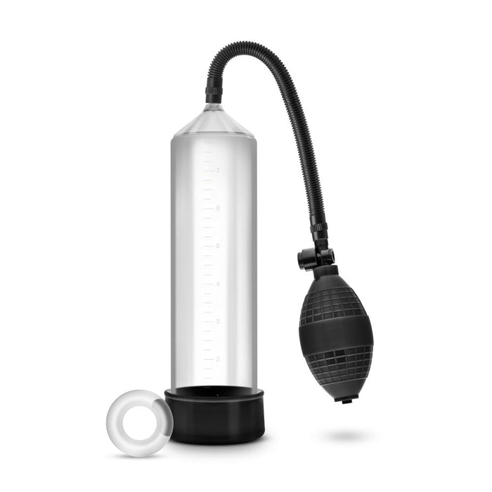 Clear cylinder that connects to a squeezable ball pump by a black flexible hose. Includes black pump sleeve and stretchy .  Additional images show alternate angles.